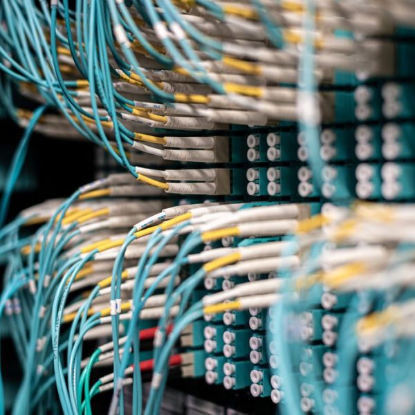 Rows of blue cables and wires plugged into server patch panel located in modern data center framework